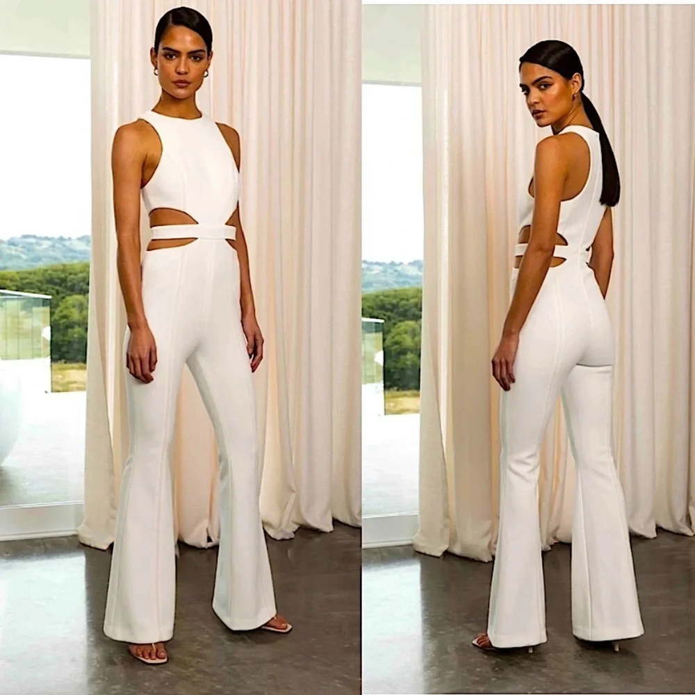MISHA Collection REVOLVE Cream White Thea Flare Cut Out Jumpsuit Bridal Size 0_2